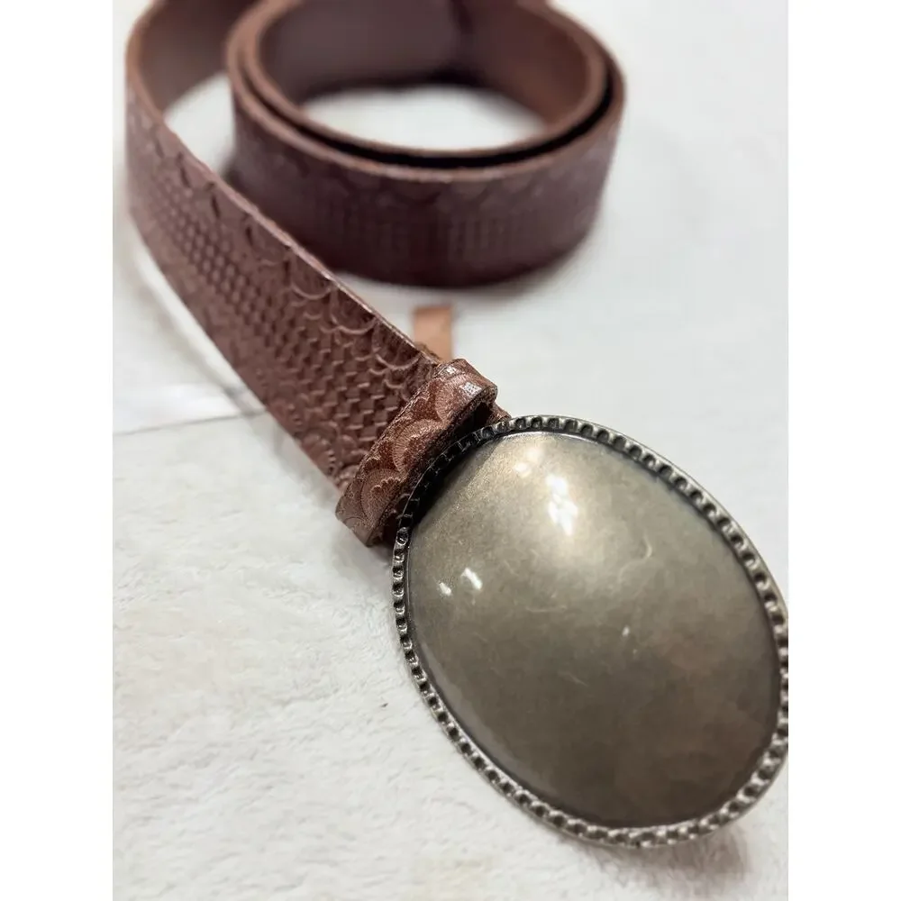 We The Free People Leather Belt Womens Medium M Basketweave Oval Buckle Brown